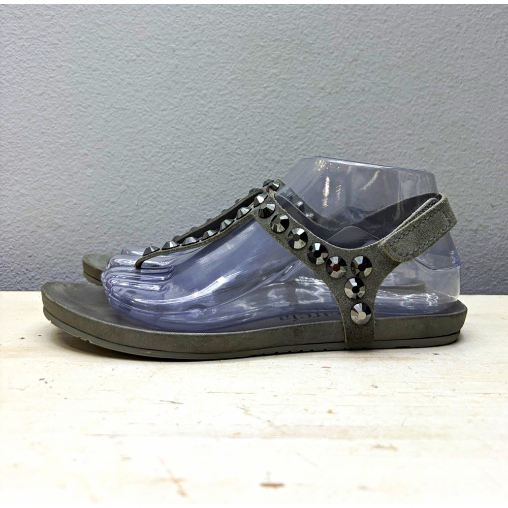 Pedro Garcia Gray Leather Crystal Embellishment T-Strap Sandals Size 38